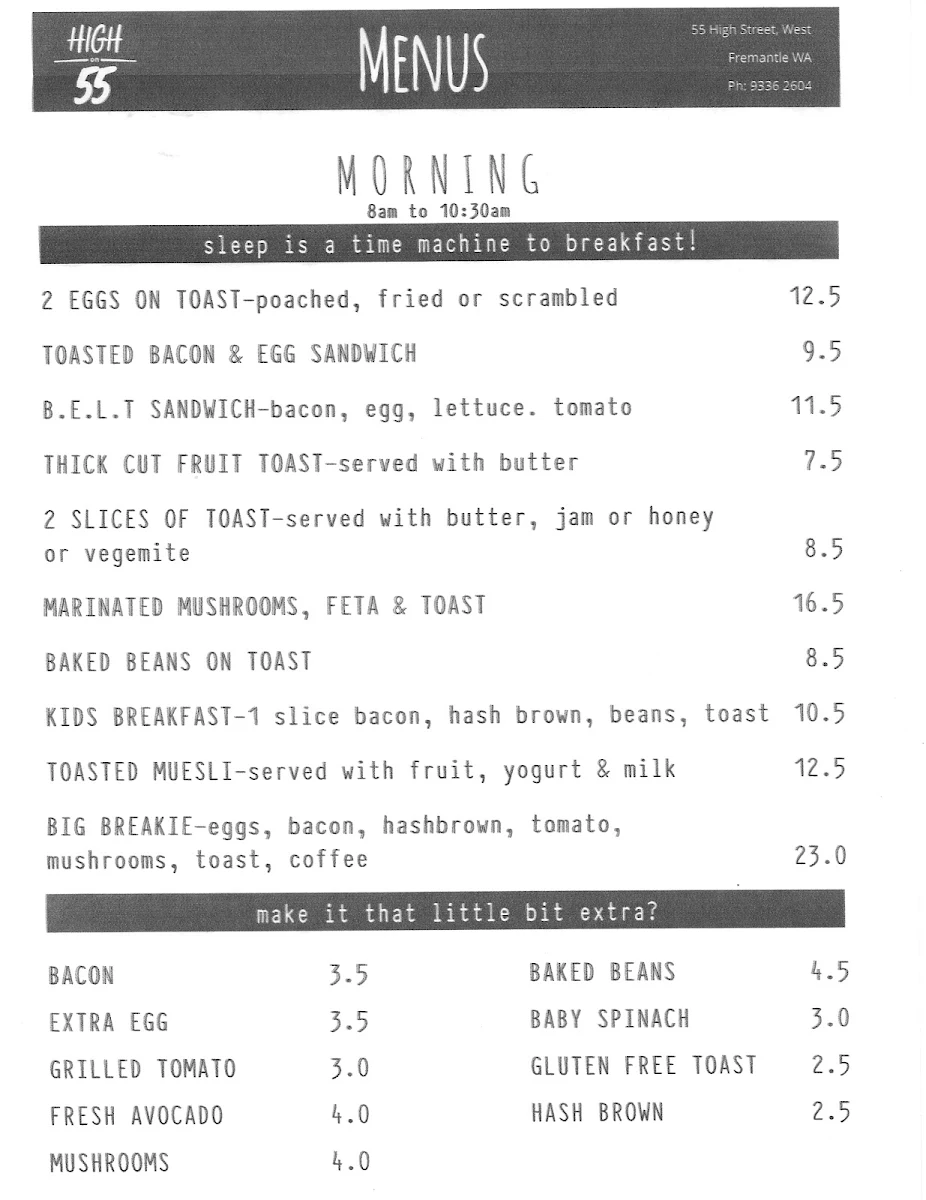 Menu, High On 55