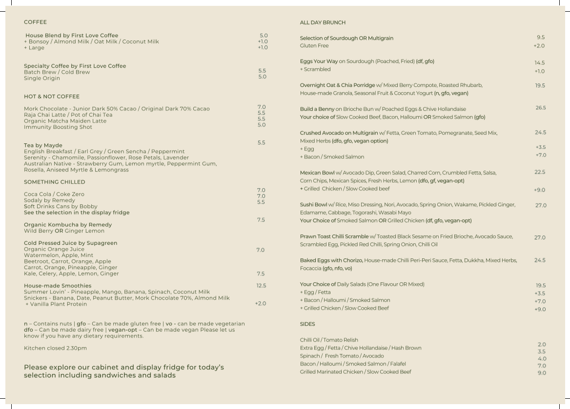Menu, First Love Coffee Cremorne