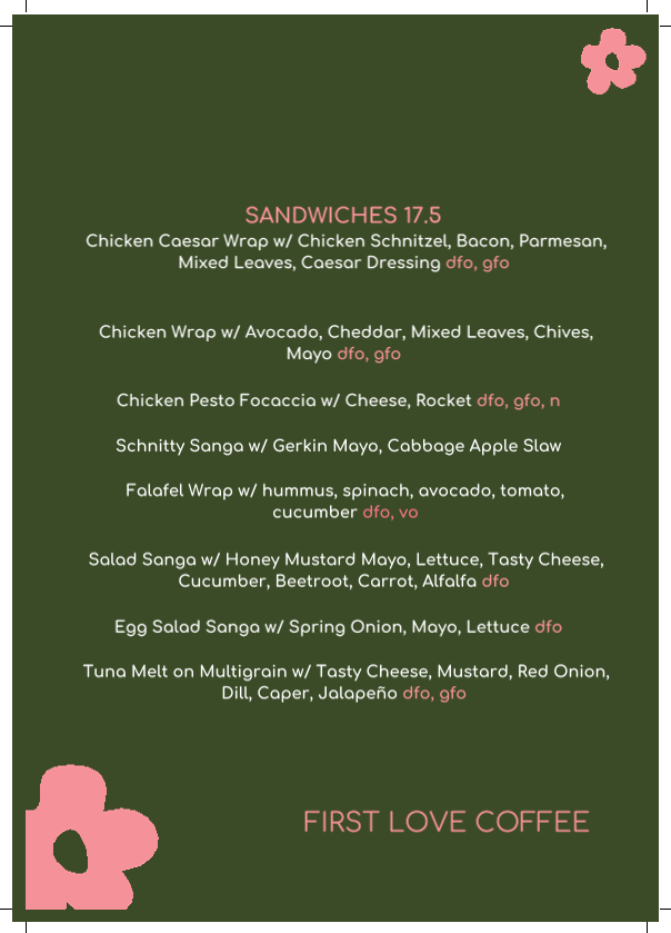 Menu, First Love Coffee Cremorne