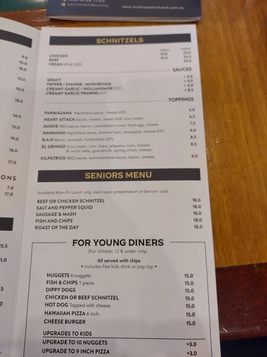 Menu, South Eastern Hotel
