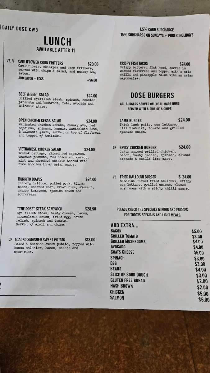 Menu, Daily Dose Cafe