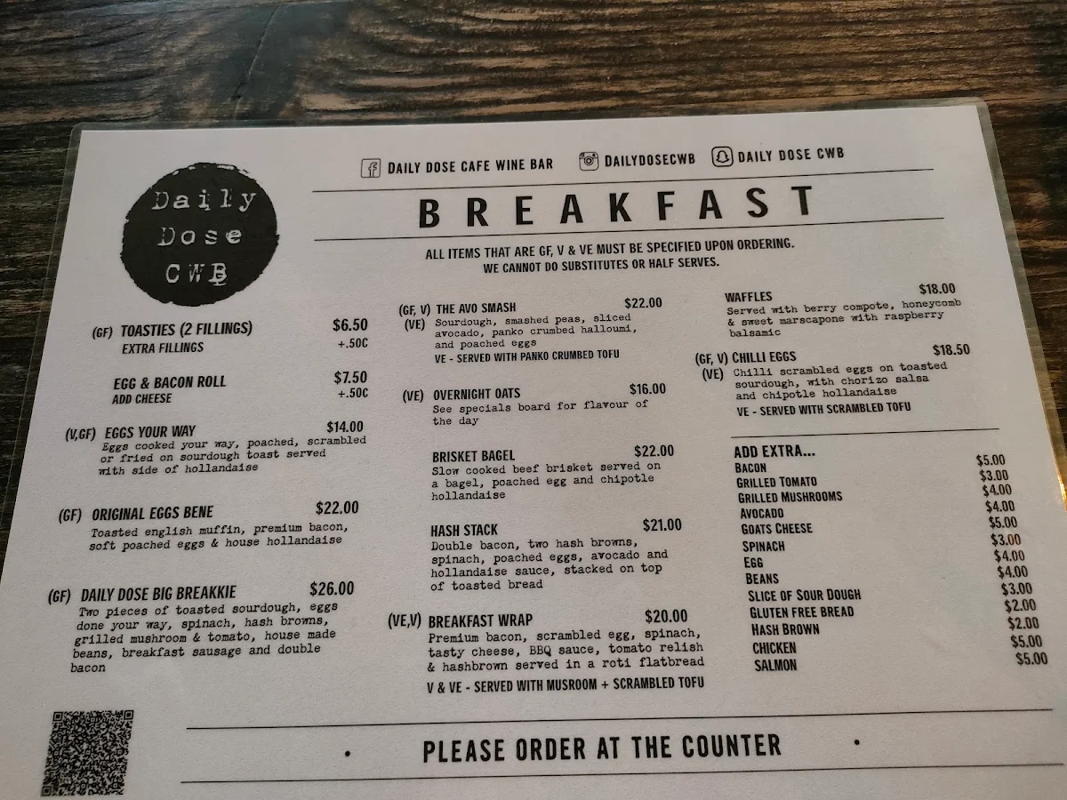 Menu, Daily Dose Cafe
