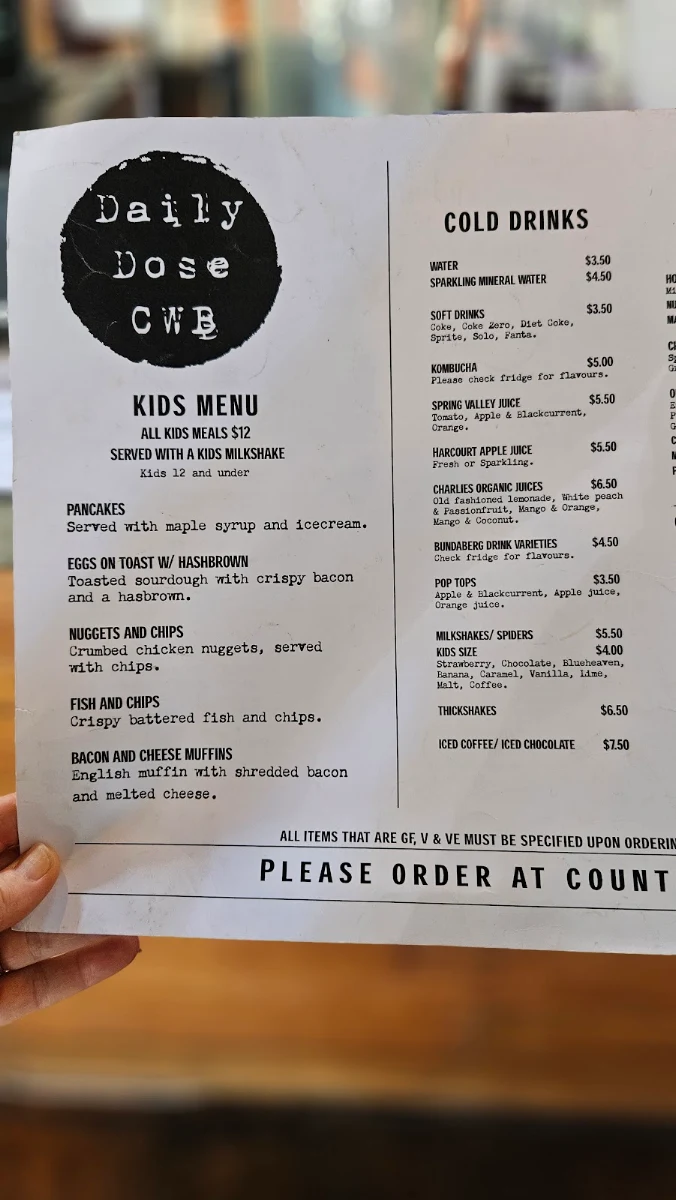 Menu, Daily Dose Cafe