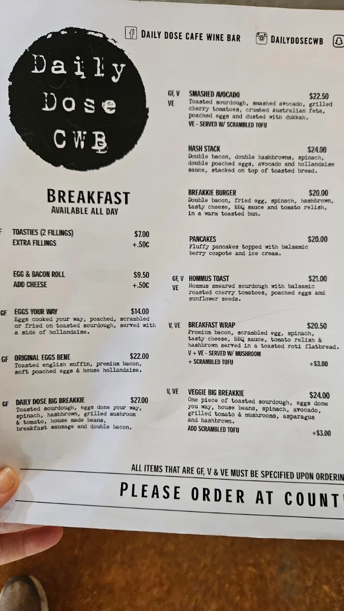 Menu, Daily Dose Cafe