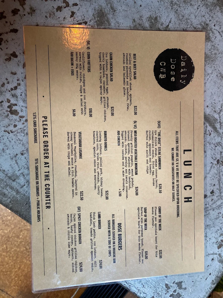 Menu, Daily Dose Cafe