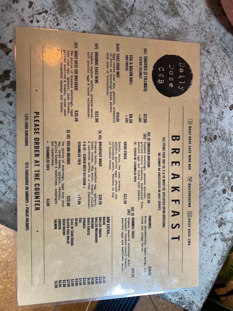 Menu, Daily Dose Cafe