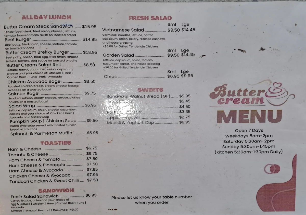 Menu, Butter Cream