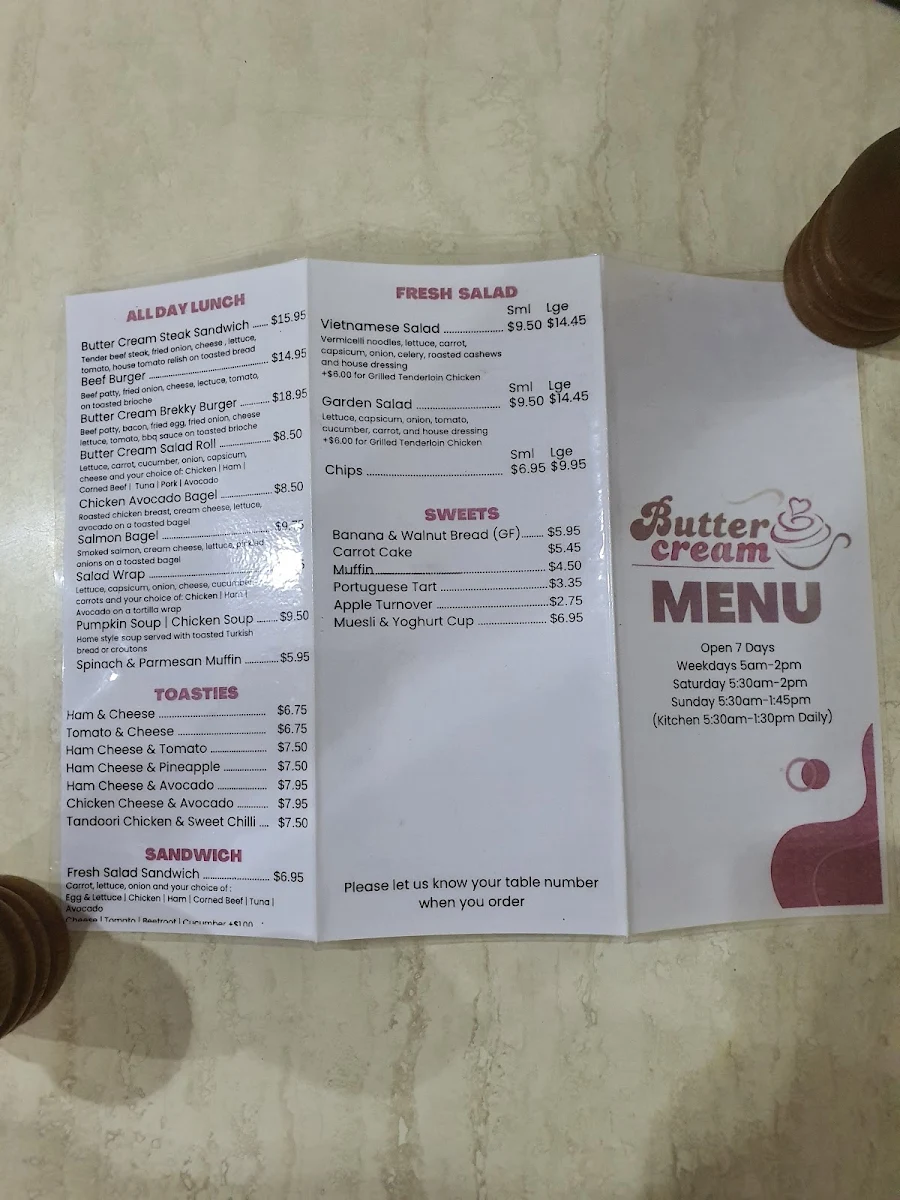 Menu, Butter Cream