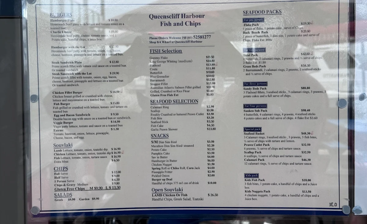 Menu, Queenscliff Harbour Fish & Chips