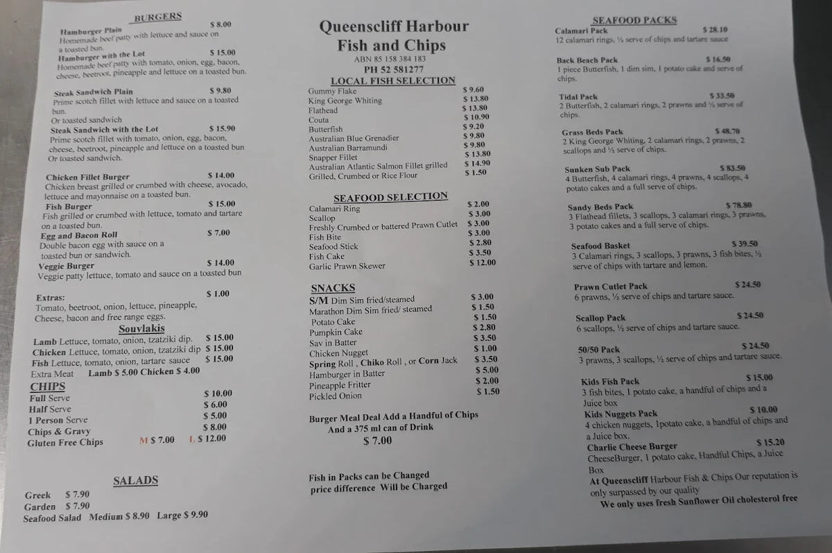 Menu, Queenscliff Harbour Fish & Chips