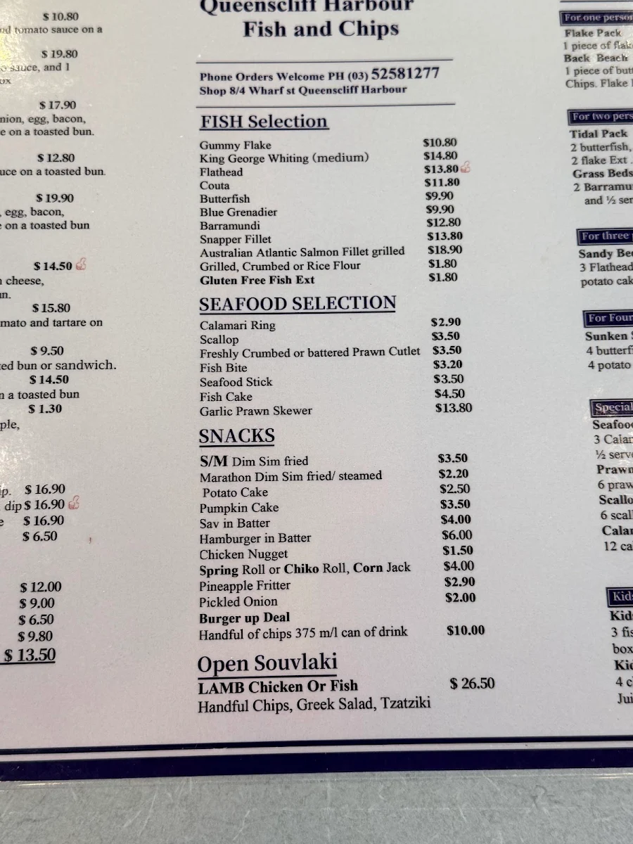 Menu, Queenscliff Harbour Fish & Chips