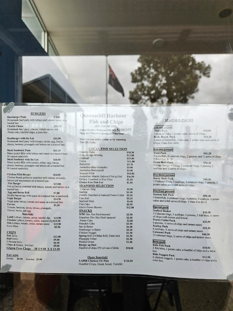 Menu, Queenscliff Harbour Fish & Chips