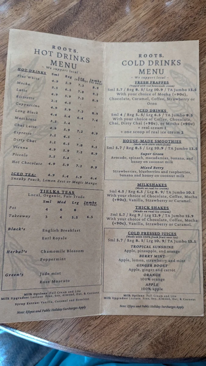 Menu, Roots Collective Cafe