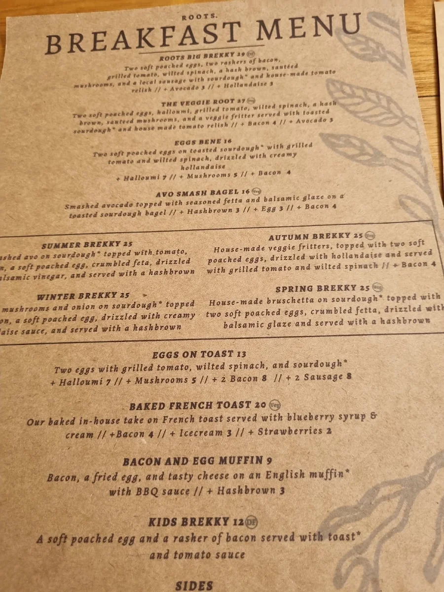 Menu, Roots Collective Cafe