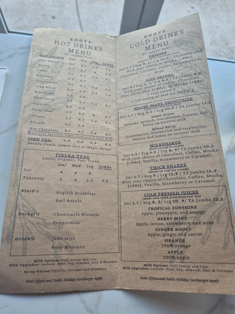 Menu, Roots Collective Cafe
