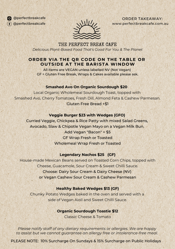 Menu, The Perfect Break Cafe