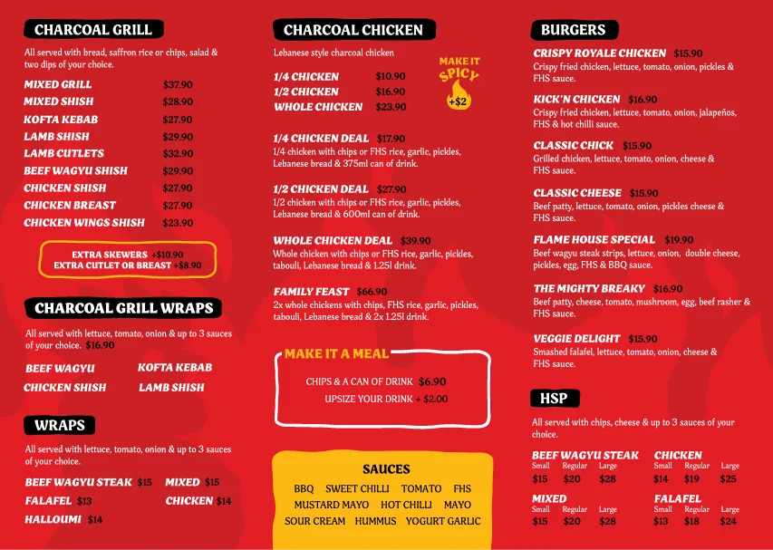 Menu, The Flame House Charcoal Chicken & Grills