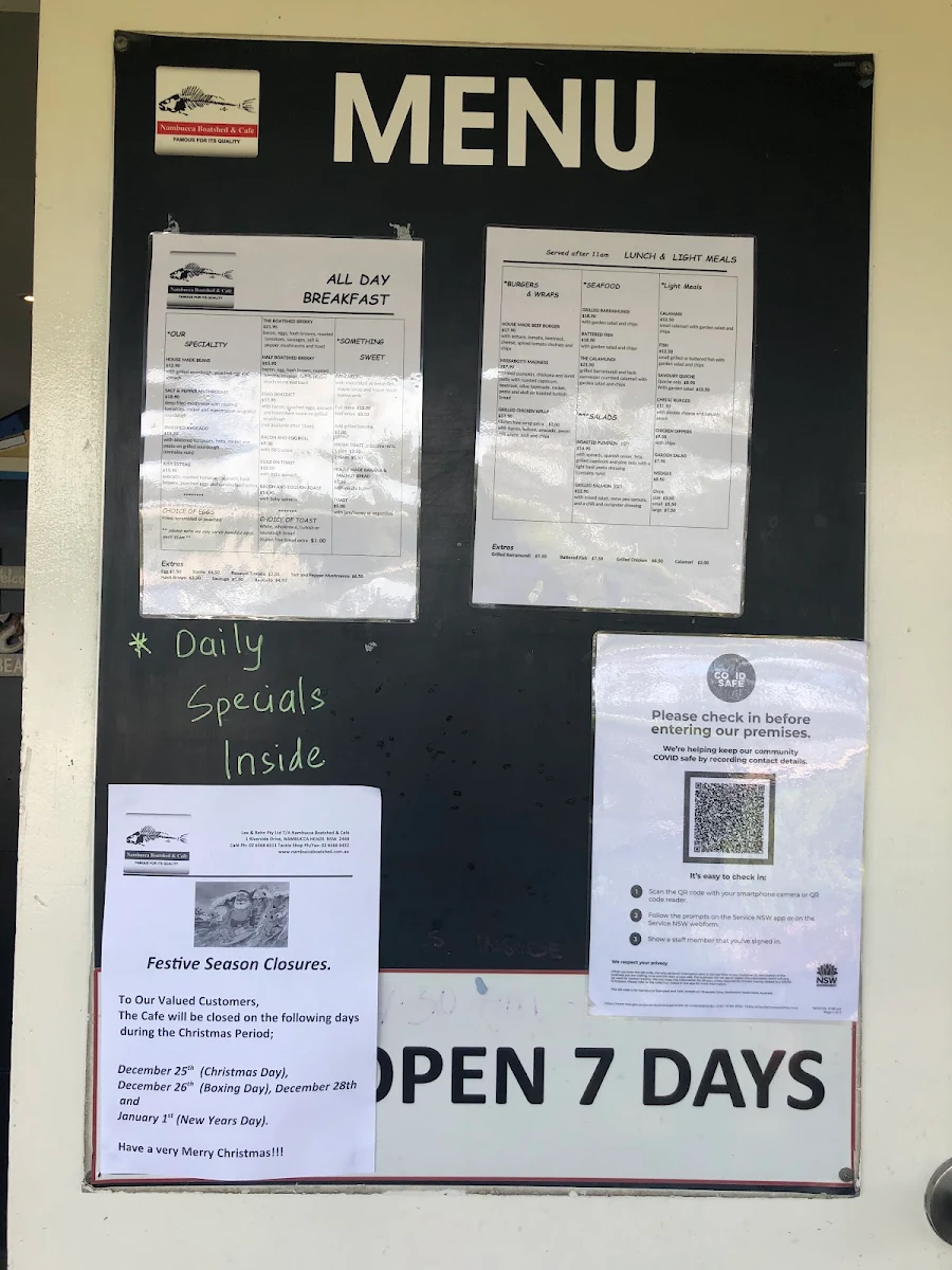 Menu, Nambucca Boatshed & Cafe