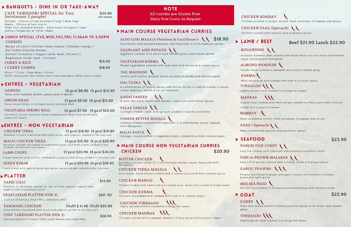 Menu, Cafe Tandoori Indian Cuisine