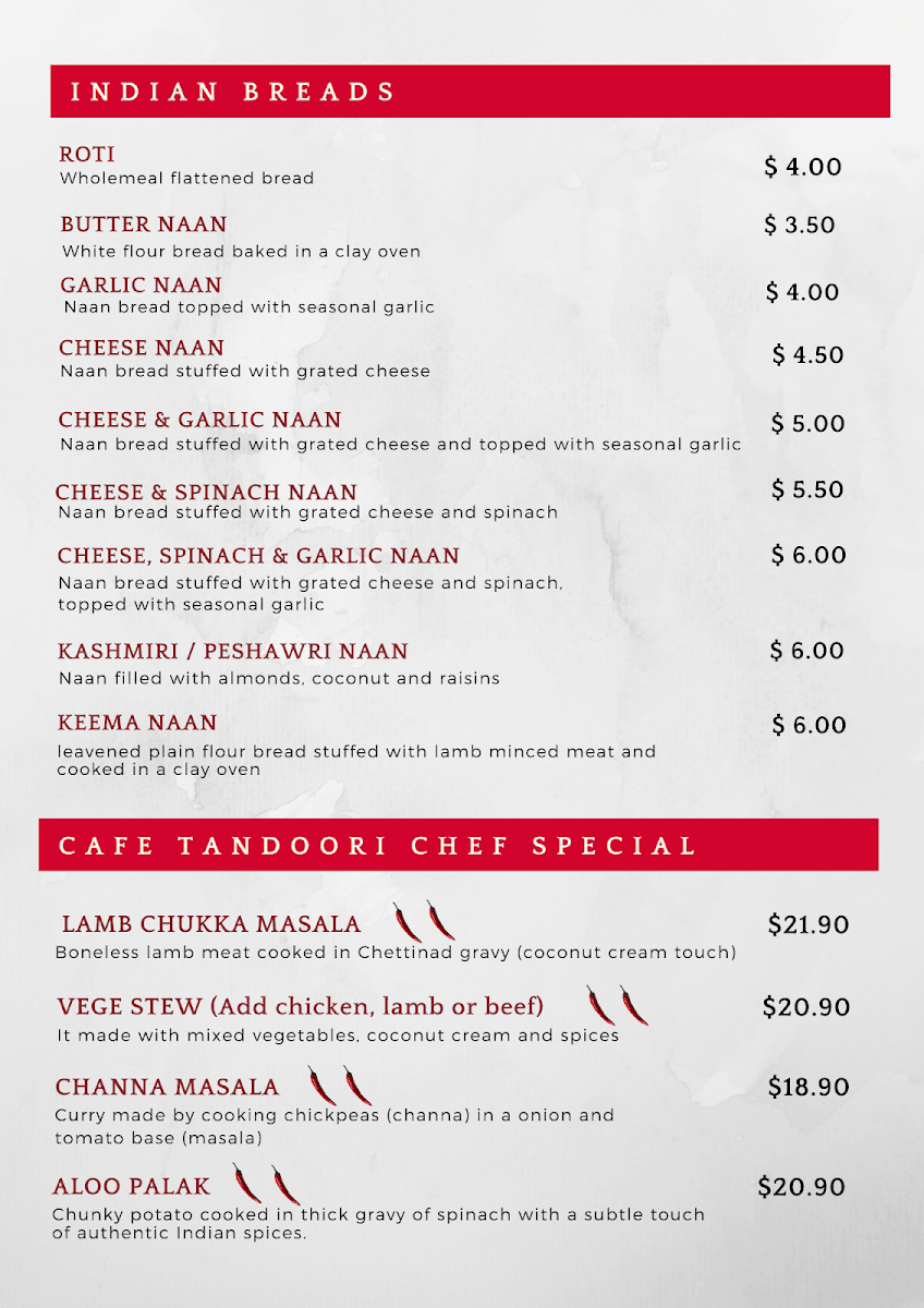 Menu, Cafe Tandoori Indian Cuisine