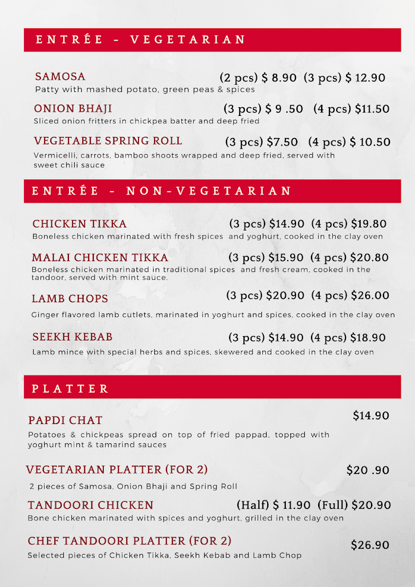 Menu, Cafe Tandoori Indian Cuisine