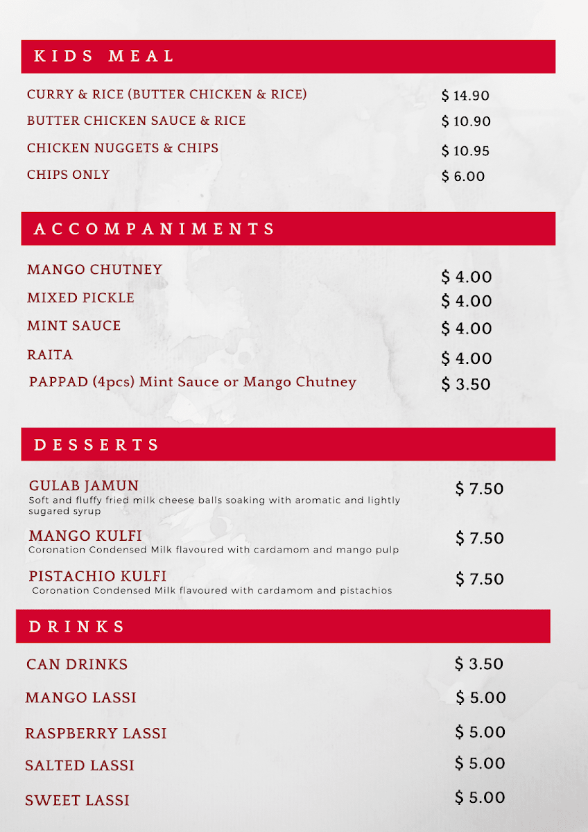 Menu, Cafe Tandoori Indian Cuisine