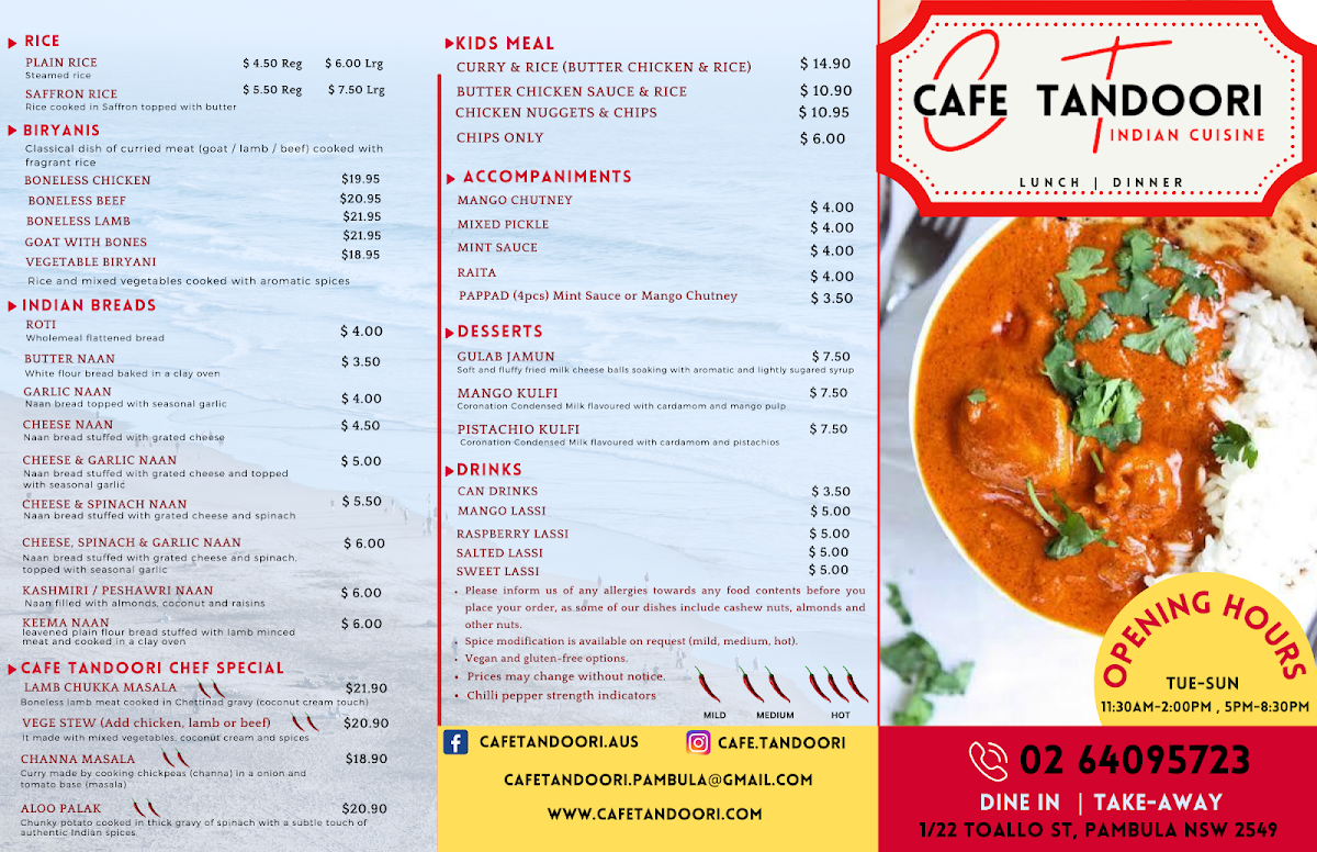 Menu, Cafe Tandoori Indian Cuisine