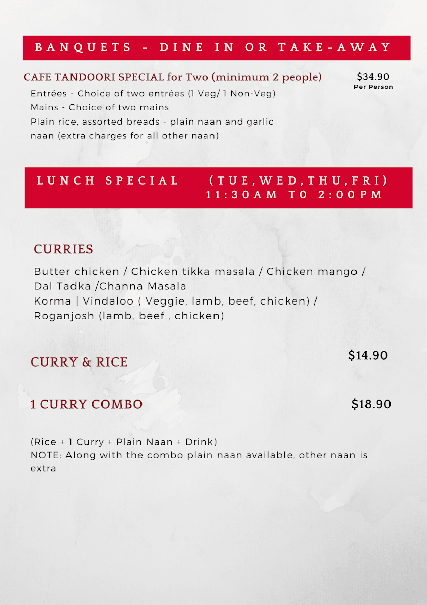Menu, Cafe Tandoori Indian Cuisine