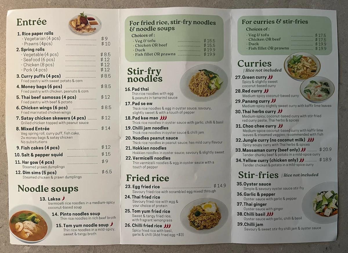 Menu, Pinto Thong Thai Restaurant