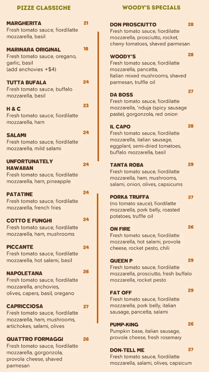 Menu, Woody's Pizza Collaroy