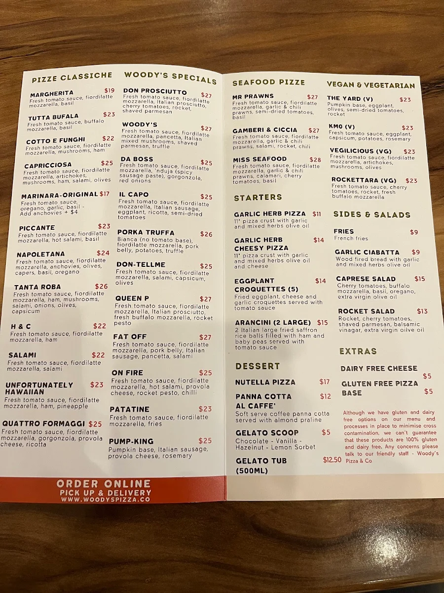Menu, Woody's Pizza Collaroy