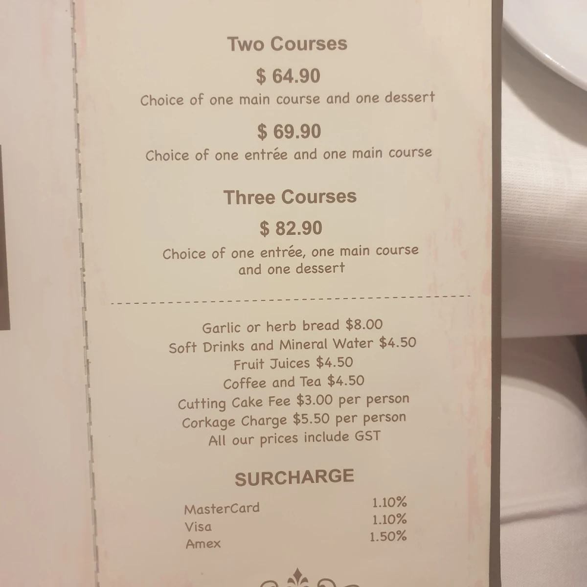 Menu, Chez Maurice Et Linda