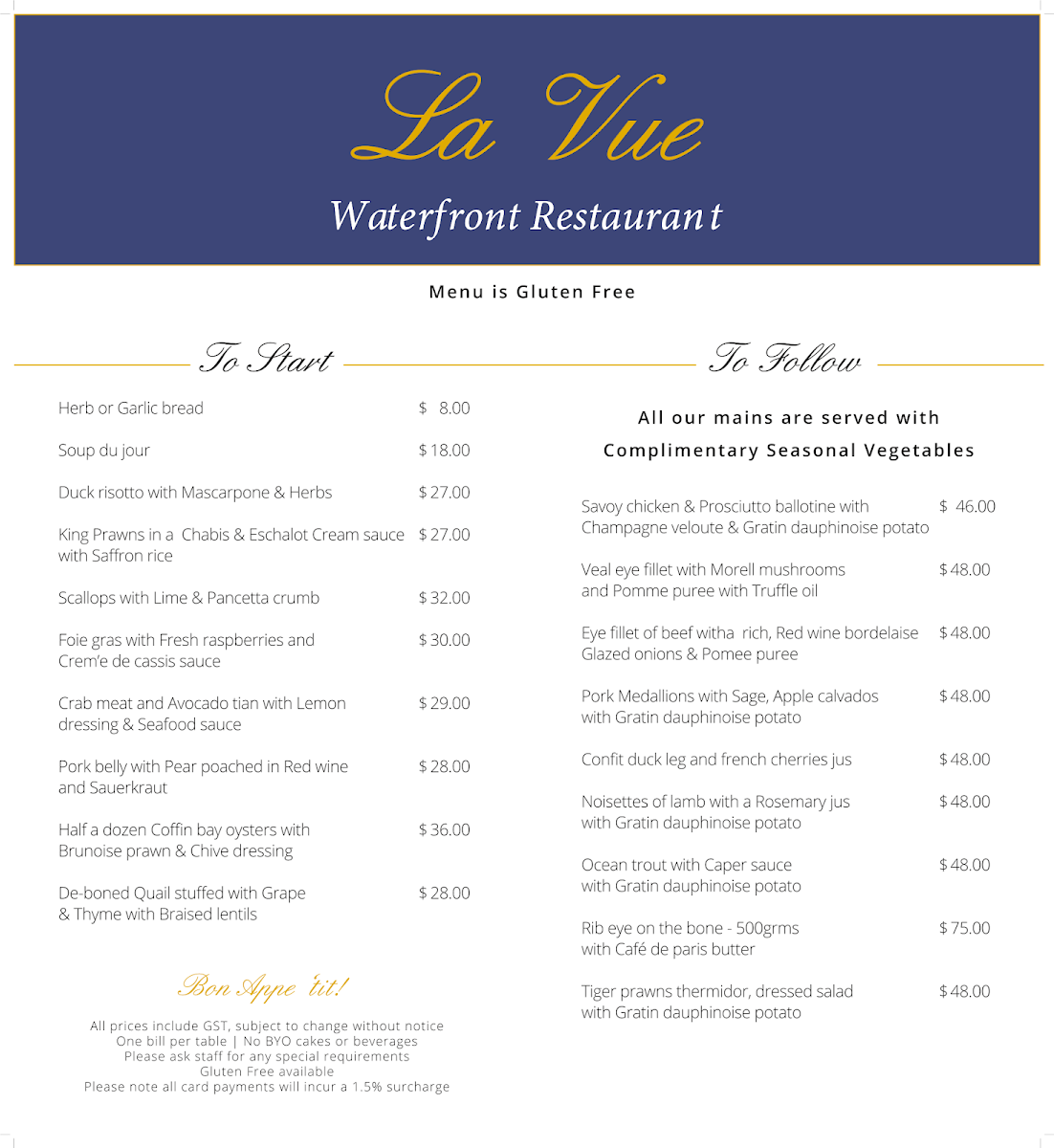 Menu, La Vue Waterfront Restaurant