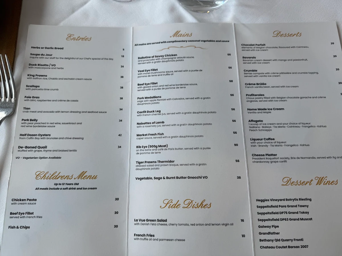 Menu, La Vue Waterfront Restaurant