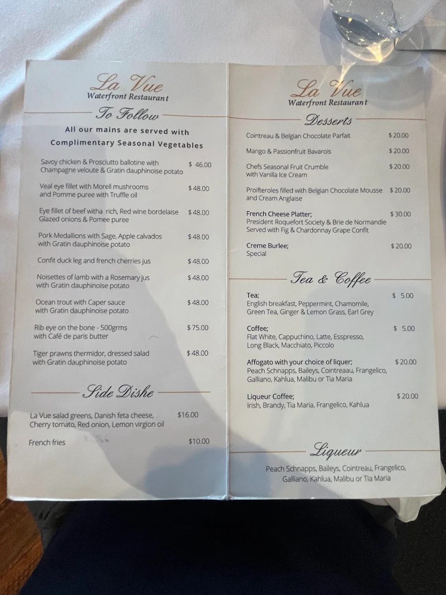 Menu, La Vue Waterfront Restaurant