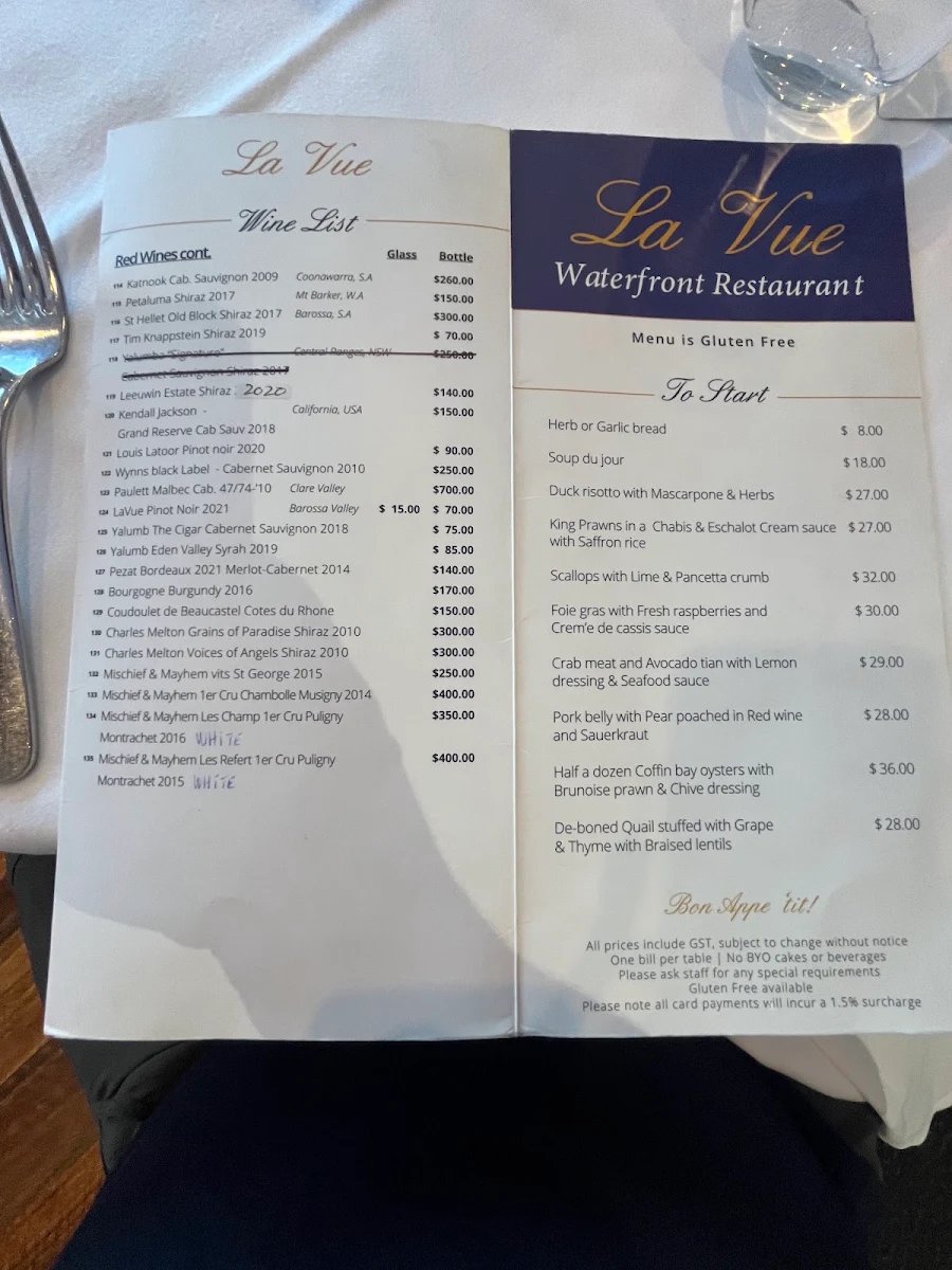 Menu, La Vue Waterfront Restaurant