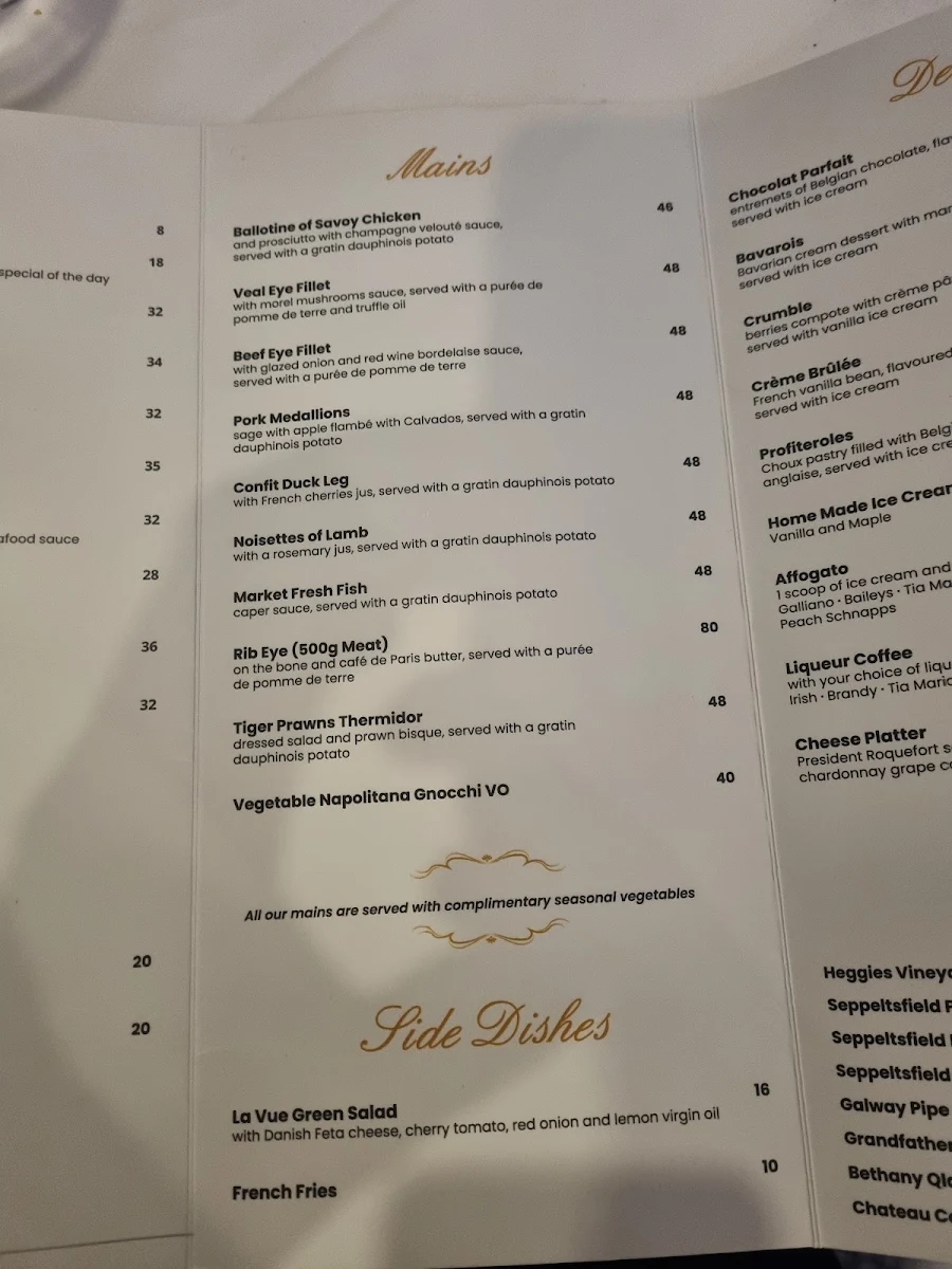 Menu, La Vue Waterfront Restaurant