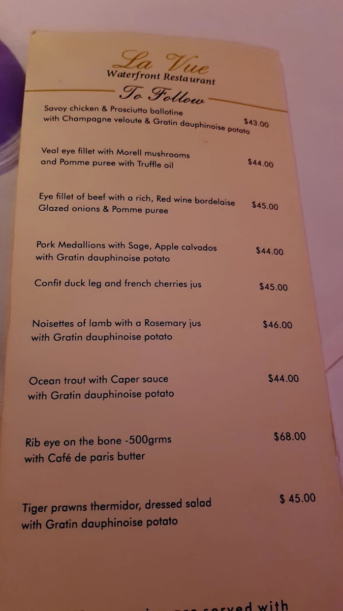 Menu, La Vue Waterfront Restaurant