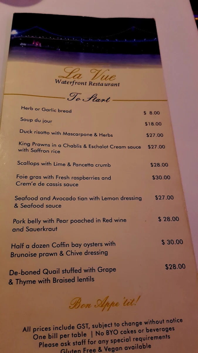 Menu, La Vue Waterfront Restaurant