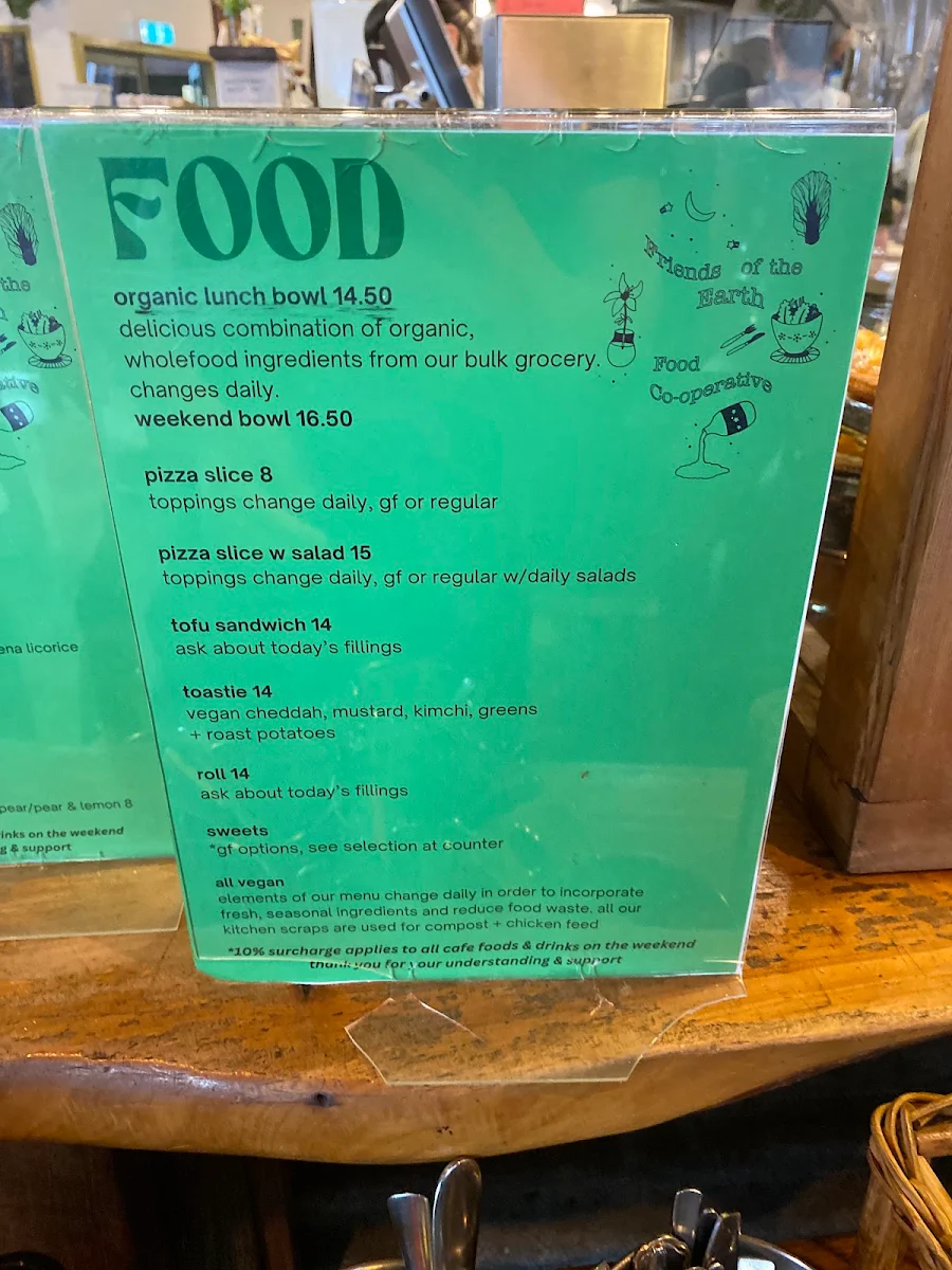 Menu, Friends of the Earth Melbourne Food Coop & Cafe