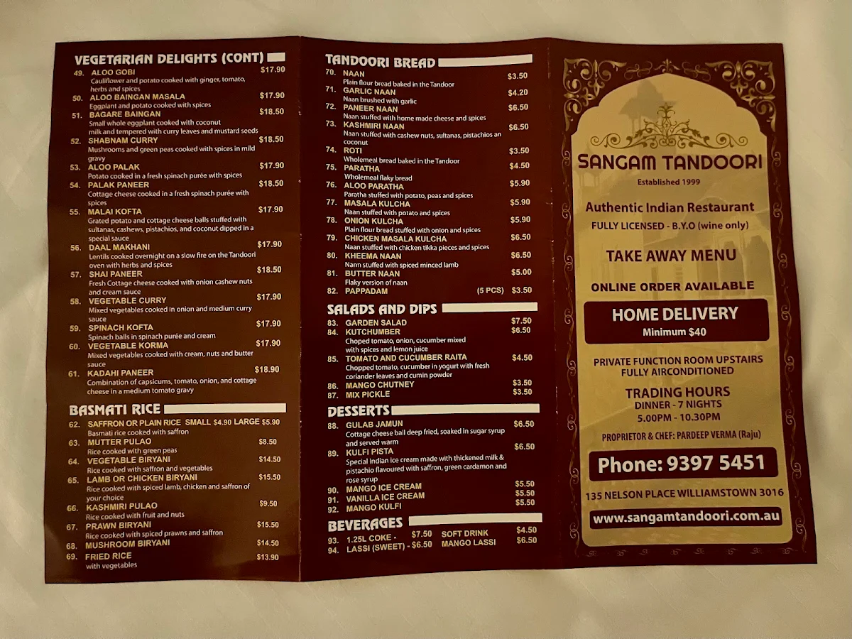Menu, Sangam Tandoori