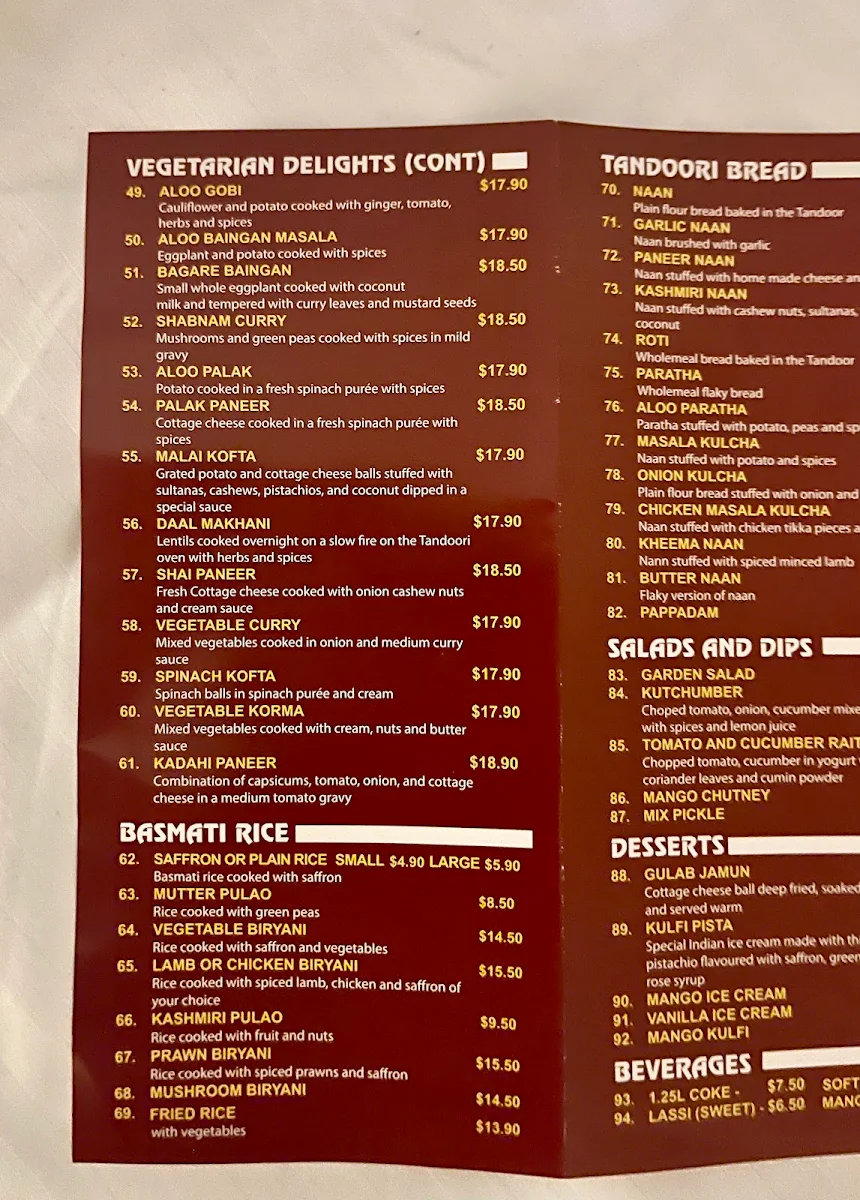 Menu, Sangam Tandoori