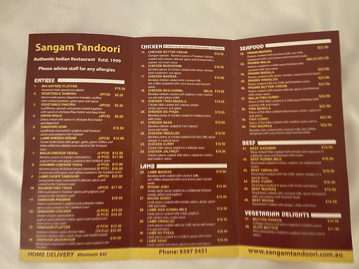 Menu, Sangam Tandoori