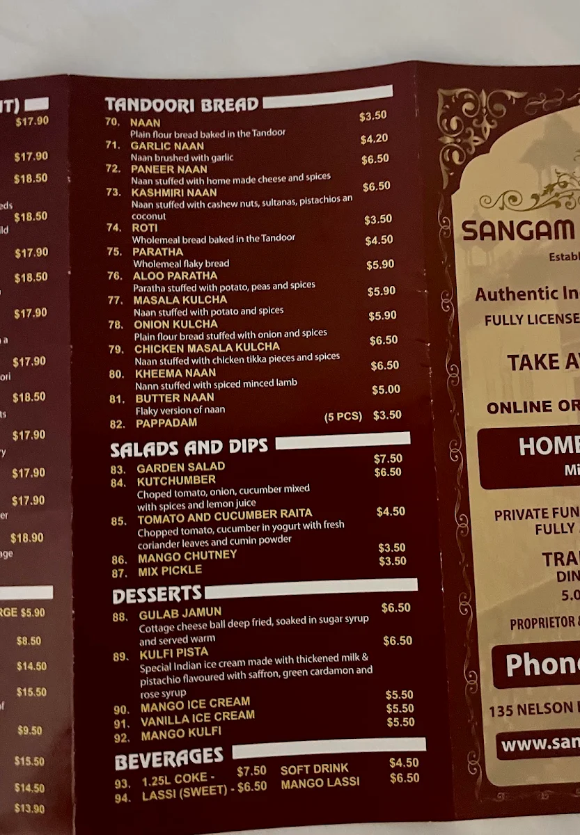 Menu, Sangam Tandoori