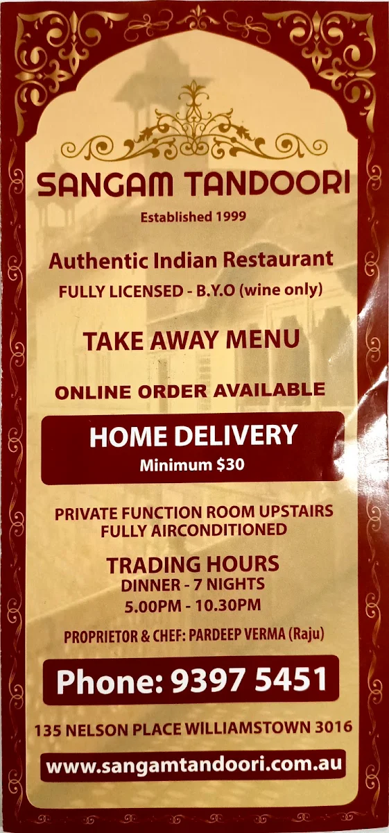 Menu, Sangam Tandoori