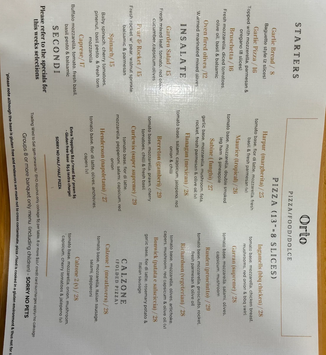 Menu, Orto pizza