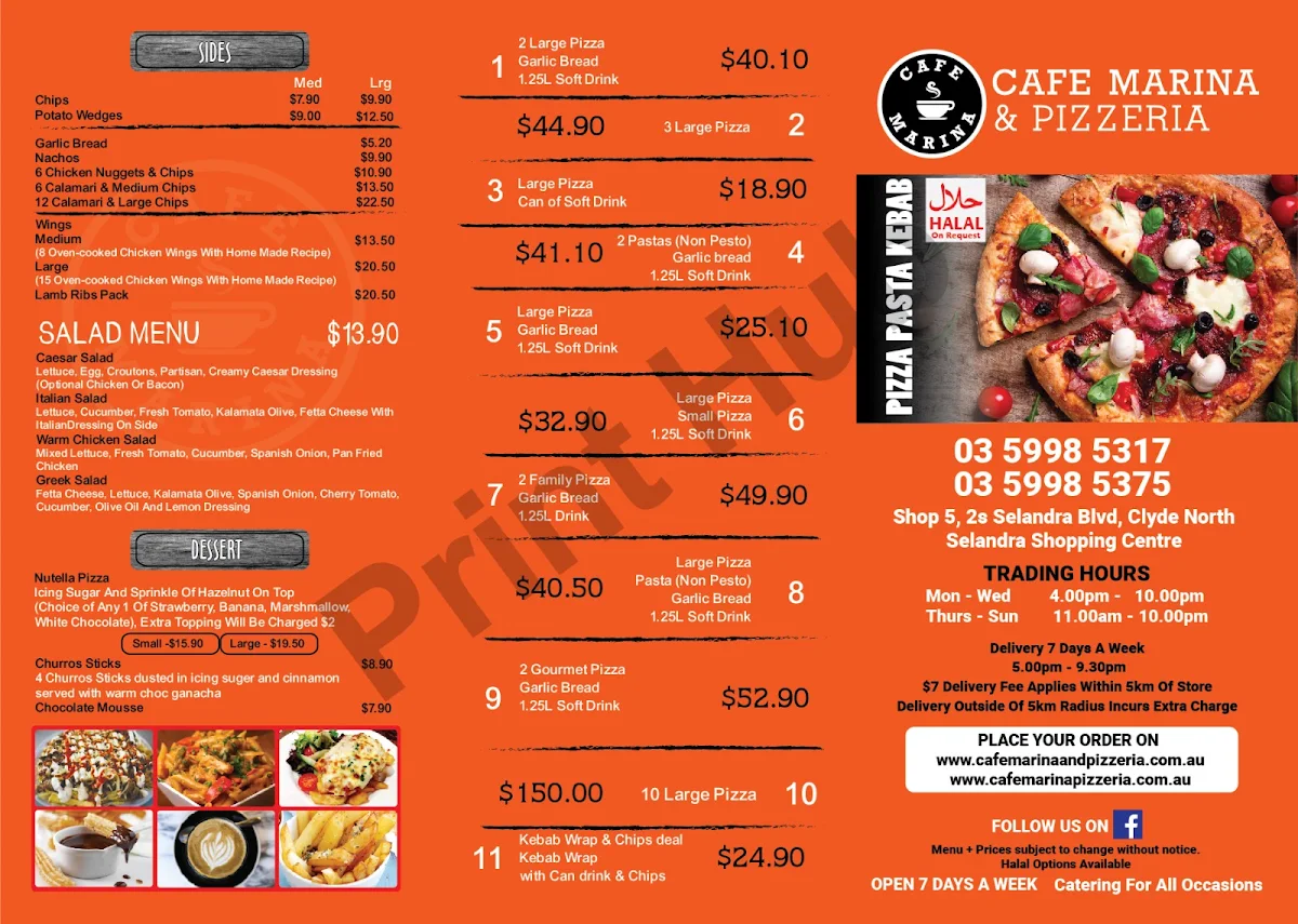 Menu, Cafe Marina & Pizzaria