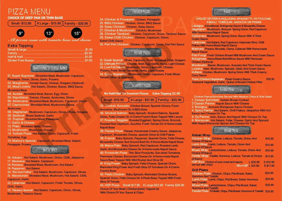 Menu, Cafe Marina & Pizzaria