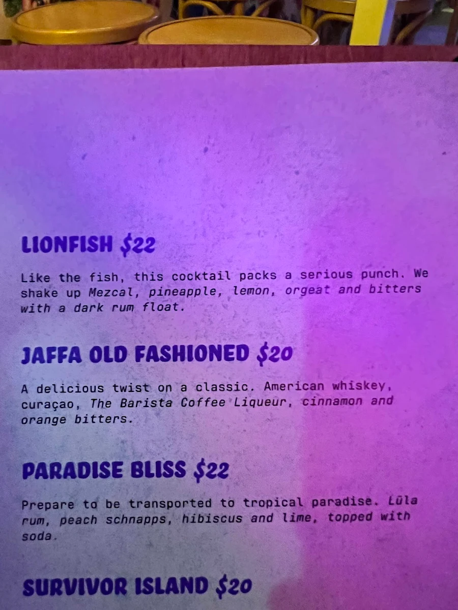 Menu, Flamingos Tiki Bar