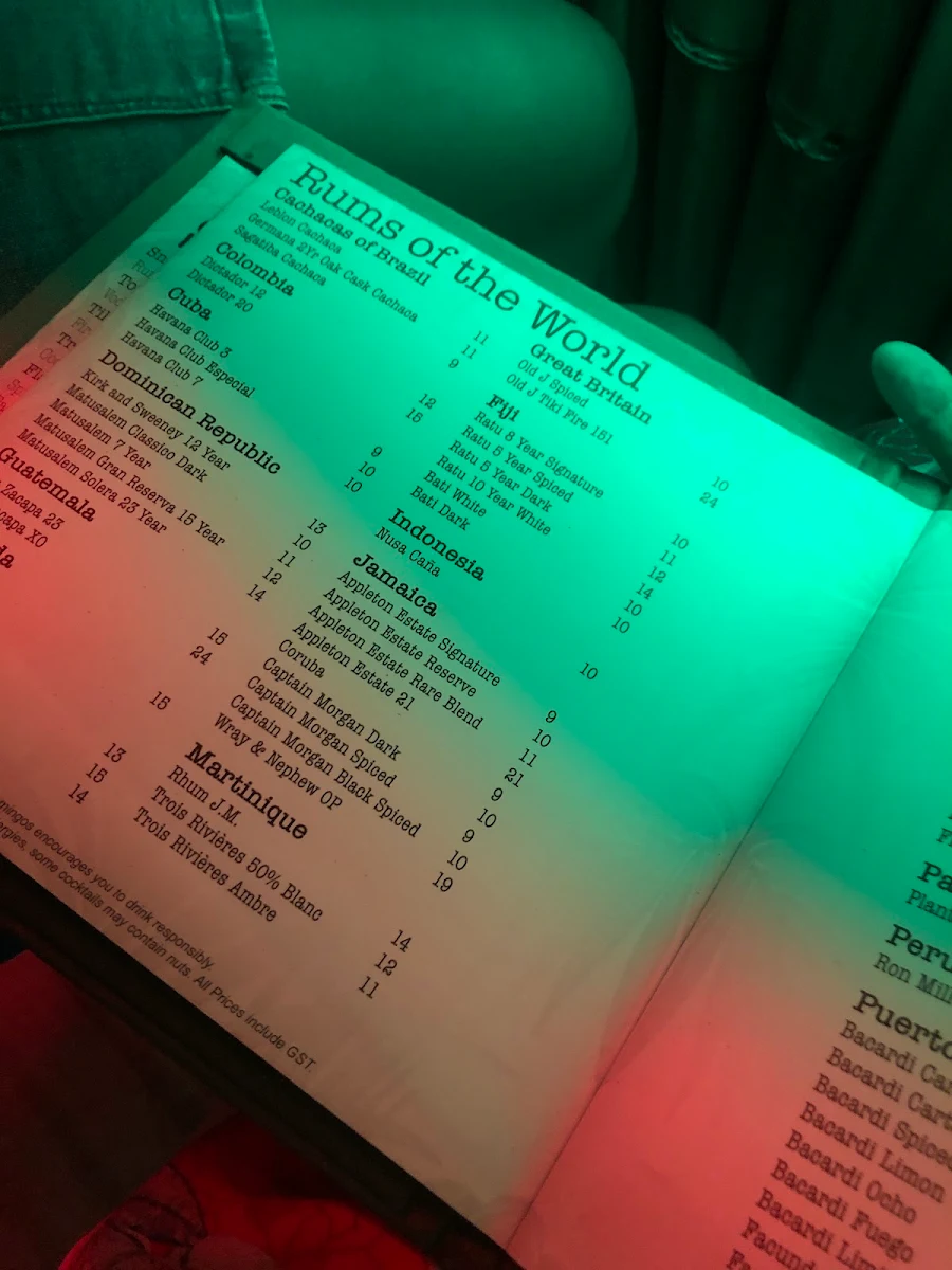 Menu, Flamingos Tiki Bar